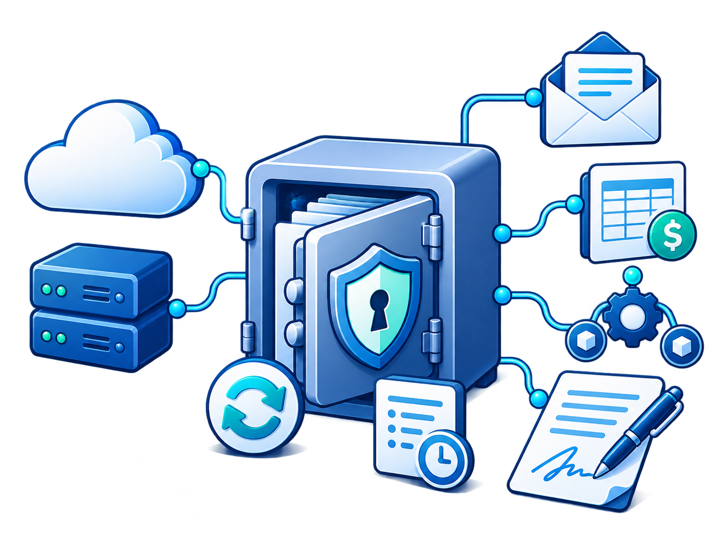 Hồ sơ được bảo vệ, kết nối hạ tầng cloud hoặc máy chủ nội bộ cùng các hệ thống nghiệp vụ.